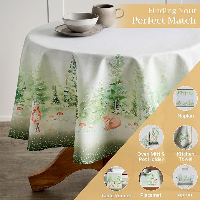 Maison d' Hermine Table Cloth Round Table 100% Cotton 63 Inches Fall Tablecloth Reusable Everyday Use for Thanksgiving Christmas Decorations Dining Farmhouse Party (Winter Mornings)