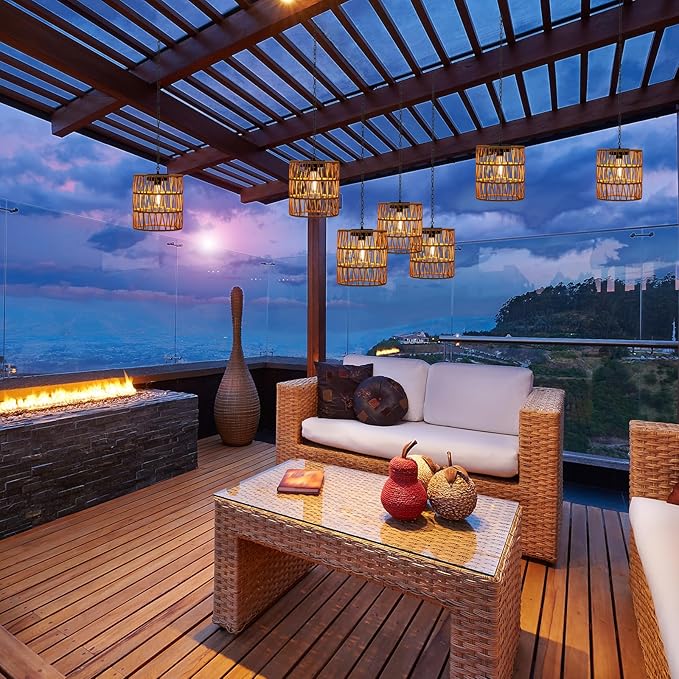 Solar Chandelier Lantern,Outdoor Rattan Pendant Lights,Waterproof Boho Hanging Lamps with Edison Bulb for Gazebo Tree Porch Yard Porch Patio Garden Backyard Decor