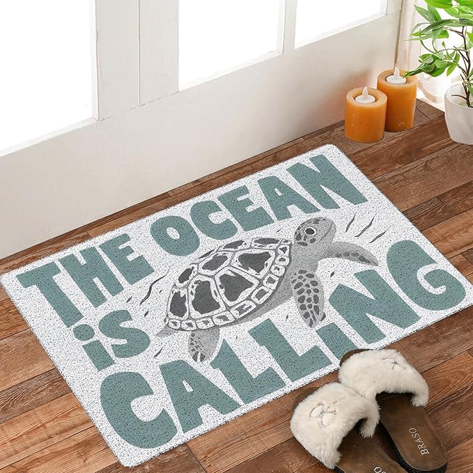 Sea Turtle Beach Door Mat, Coastal Beach Welcome Mats for Front Door, Nautical The Ocean is Calling Doormat Indoor Outdoor Entrance Outside Inside Entryway, 17x30 Inch