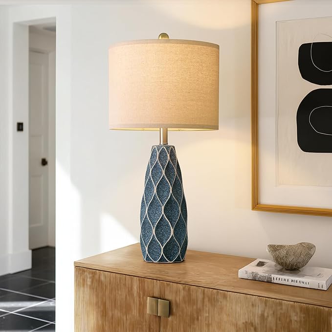 27.5" Ceramic Table Lamps for Living Room Bedroom Lamps Set of 2 Modern Boho Bedside Lamps Night Stands Farmhouse Vintage Large Nightstand Lamp Reading Light Home Office Dorm Desk Deco Gifts, Blue