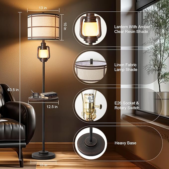 Rustic Farmhouse Metal Tray Floor Lamp For Living Room With Nightlight Vintage Tall Lamp With Linen Fabric Shade Industrial Standing Lamp For Bedroom Office Home House Study (Bulb Included)