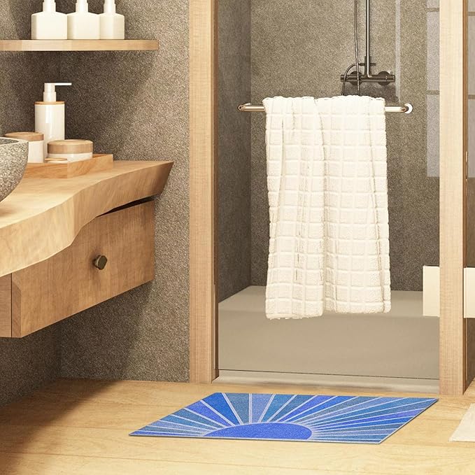 Nogrit Blue Boho Door Mat, Retro Boho Sun Sunshine Doormat Bathmat for Indoor Outdoor Entrance, Mid Century Modern Abstract Welcome Mats for Front Door Outside Porch Entryway, 17x30 Inches