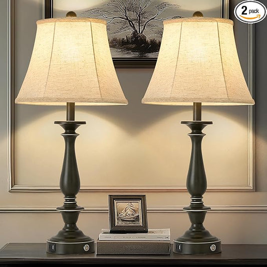 AIDENOEY 28.5" Traditional Table Lamp Set of 2, Rustic Farmhouse Table Lamps for Living Room Bedroom, Bedside Desk Lamps Vintage Nightstand Lamps with Silk Fabric Shades, Taupe with Rubbed Edge