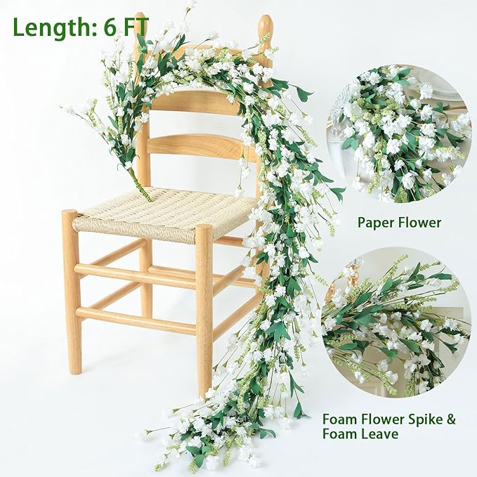 Mizii White Artificial Flower Garland 6FT Fake Wildflower Floral Garland Hanging Vines Spring Summer Flowers Decorations for Mantle Table Centerpieces Room Wall Fireplace Wedding Decor (White)
