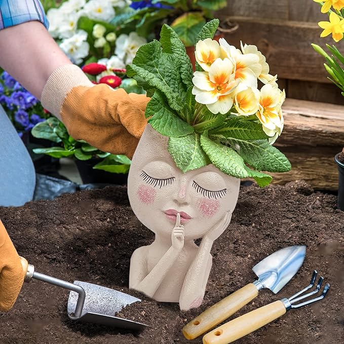 Solar Face Flower Pot,Head Planter Pot,with Led String Lights Succulent Planter Light,Warterproof Resin Cactus Planters,Cute Closed Eyes Lady Face Planter,for Indoor Outdoor Plant Garden Decor (Large)