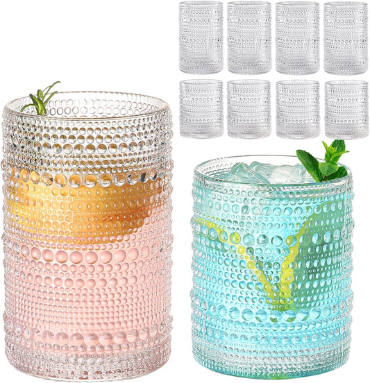 Vintage Hobnail Drinking Glasses Set of 8,Clear 12 oz & 15oz Highball Glass Cups, Kitchen Drinkware Glassware,Embossed Water Tumbler,for Beer,Cocktail,Whiskey,Juice and Various Mixed Drinks