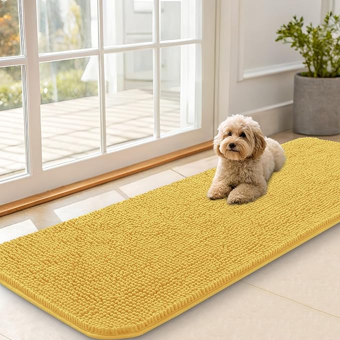 OLANLY Dog Door Mat for Muddy Paws 59x20, Absorbs Moisture and Dirt, Absorbent Non-Slip Washable Doormat, Quick Dry Chenille Mud Mat for Dogs, Entry Indoor Entryway Carpet for Inside Floor, Yellow