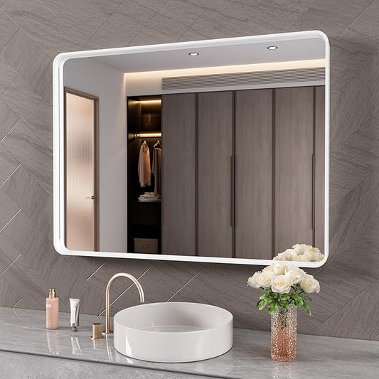 White Bathroom Mirror 40x32 Inch, White Metal Framed Bathroom Mirror for Wall, Rounded Rectangle Matte Bathroom Vanity Mirror, Tempered Glass, Anti-Rust, Horizontal/Vertical