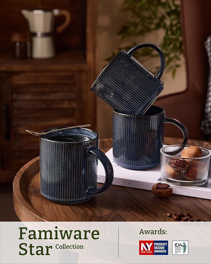 famiware Coffee Mug Set for 6, Star 16 oz Catering Mugs Cup Set with Handle for Coffee, Tea, Cocoa, Milk - Ceramic Stoneware Drinkware Set, Nebulas Blue