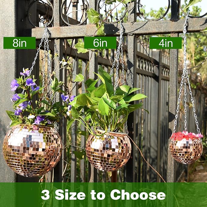 Disco Ball Planter, 1pcs 4" Rose Gold Disco Ball Planter, Disco Ball Plant Hanger with Hanging Rope, Hanging Chain, Hook, Circle and Extra Mirror Pieces (4" Rose Gold, 1pcs)