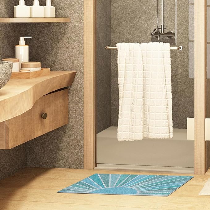 Nogrit Boho Door Mat, Retro Boho Light Blue Sun Sunshine Doormat Bathmat for Indoor Outdoor Entrance, Mid Century Modern Abstract Welcome Mats for Front Door Outside Porch Entryway, 17x30 Inches
