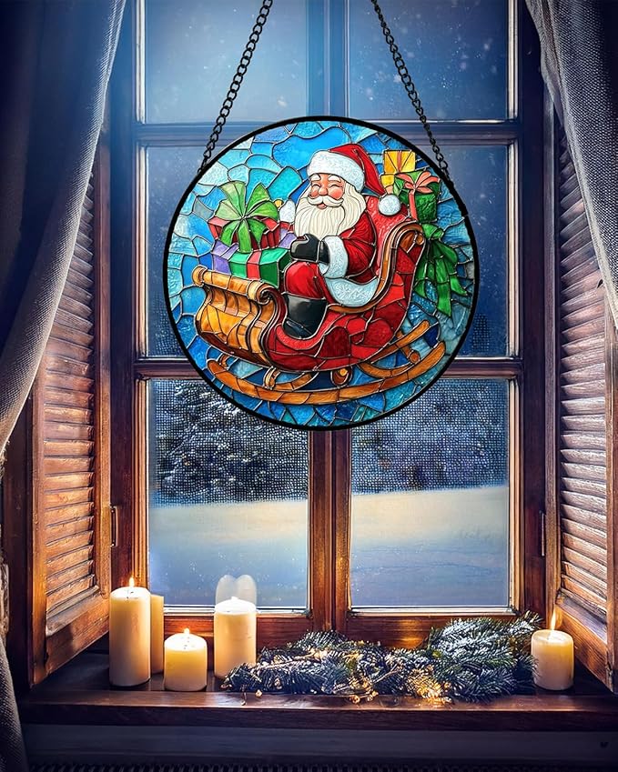 Stained Glass Window Hanging - Red Santa Claus Gift Box Suncatcher for Doors Home Christmas Decoration Winter Sun Catcher Thanksgiving New Year Birthday Gift for Women Men Mom Nana 6.3 in