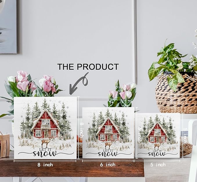 Let It Snow Sign, Winter Christmas Wooden Box Sign, Farmhouse Christmas Decorations, Farmhouse Winter Reindeer Wood Signs For Home Office Desk Table Shelf Decor, 8x8 Inch