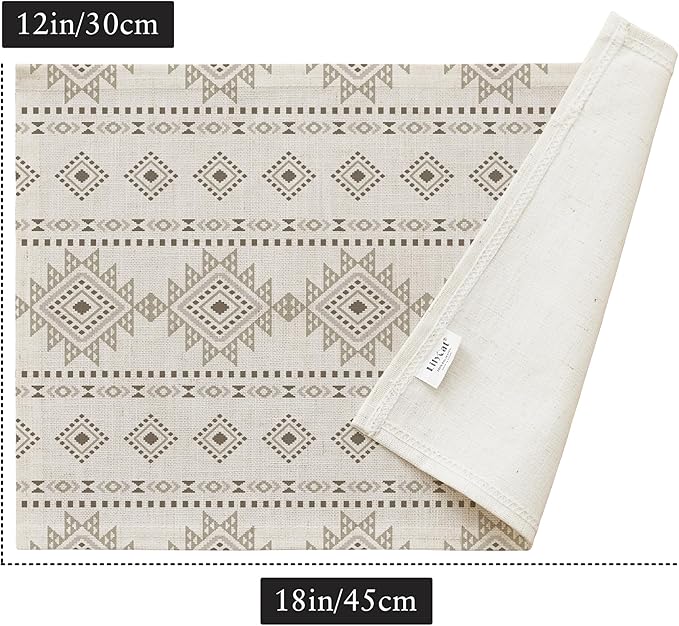 LilyCat Linen Fabric Geometric Stripes Placemats, Durable Boho Dining Table Mats for Kitchen, Rustic Vintage Washable Place Mats Set of 4, 18’’× 12’’