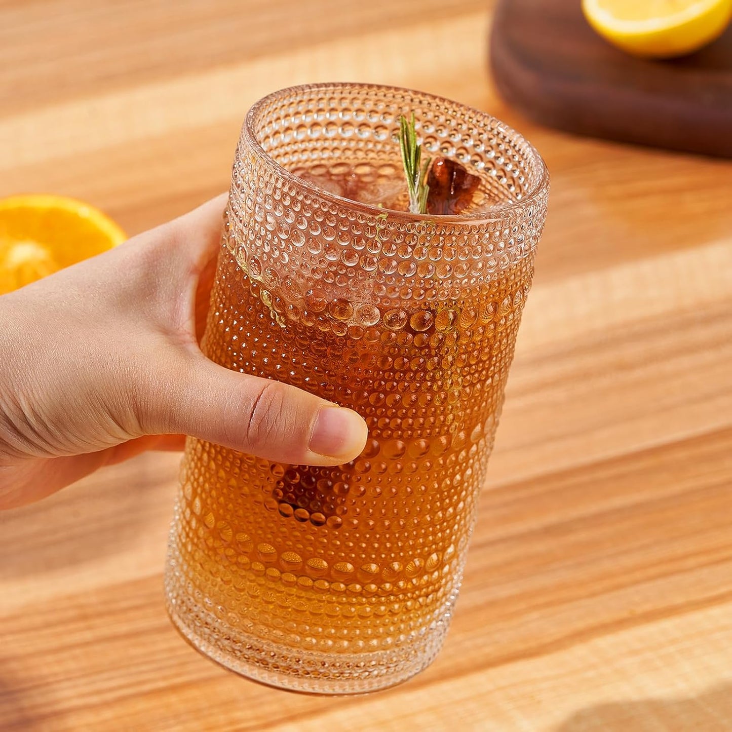 16oz Hobnail Drinking Glasses Set of 6, Vintage Large Capacity Embossed Clear Tumblers, Highball Glasses for Water, Cocktail, Beer, Whiskey, Juice & Bar Use