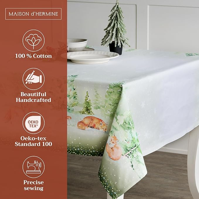 Maison d' Hermine Table Cloth Rectangle Table 100% Cotton 60 x 108 Inches Fall Tablecloth Reusable Everyday Use for Thanksgiving Christmas Decorations Dining Farmhouse Party (Winter Mornings)