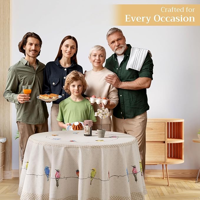 Maison d' Hermine Table Cloth Round Table 100% Cotton 69 Inches Tablecloth Reusable Decorative Everyday Use for Dining Room, Farmhouse, Home, Party, Festive & Wedding Spring Summer - Birdies On Wire