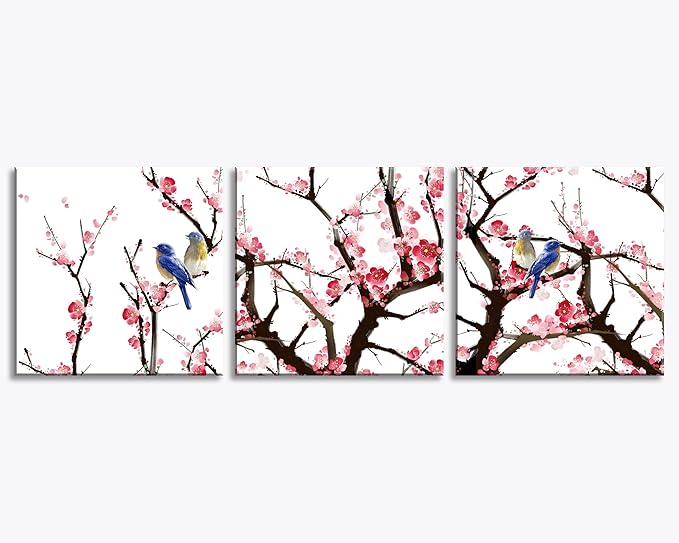 NAN Wind 3PCS Chinese Cherry Blossom Canvas Wall Art Pink Plum Flowers with Blue Birds Wall Decor Asian Oriental Style Artwork Spring Nature Home Decor Living Room Bedroom Decoration Ready to Hang