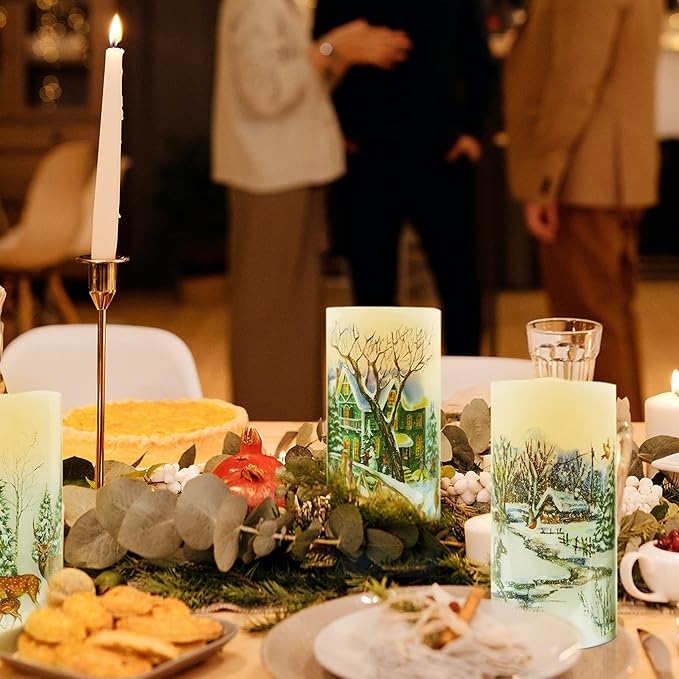 Christmas Flameless Candles Real Wax LED Candles Decor Battery Operated with Timer and Green Christmas Tree Decal,Set of 3,Warm Light