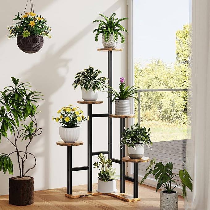 Corner Plant Stand Indoor, 6 Tier Corner Plant Shelf Flower Stand for Multiple Plants, Plant Shelves Organizer Rack for Living Room, Balcony, Patio, Garden, Round Rustic Brown