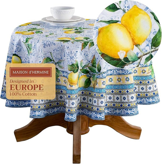 Maison d' Hermine Table Cloth Round Table 100% Cotton 63 Inches Tablecloth Reusable Decorative Everyday Use for Dining Room, Farmhouse, Home, Party, Festive & Wedding Spring Summer - Citrus