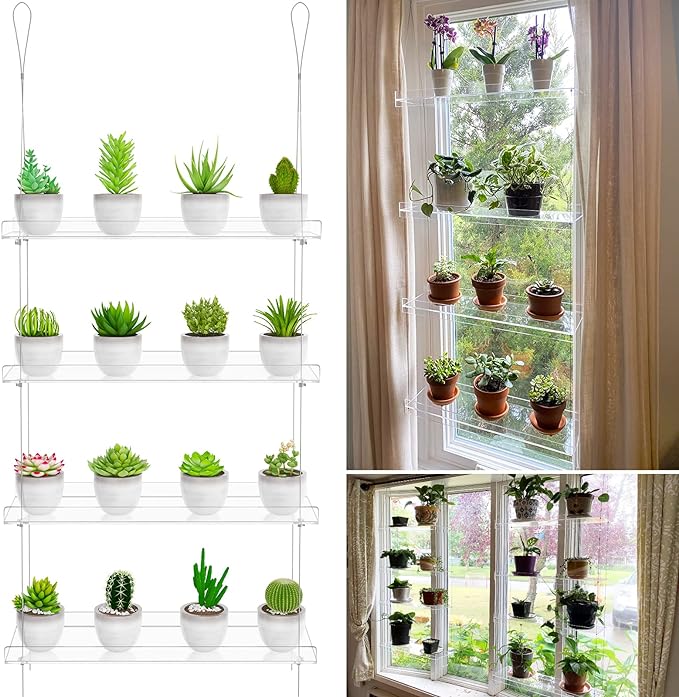 Clear Hanging Window Plant Shelves,2-Pack 4-Tier,Indoor Windows Wall Hanging Plant Stand Flower Display,Flower Pot Organizer Storage for Window Grow Herbs,Microgreens,Succulents,Flowe4,16-Inch