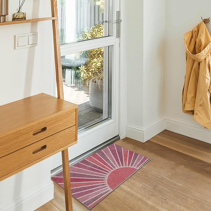 Nogrit Boho Door Mat, Retro Boho Red Sun Sunshine Doormat Bathmat for Indoor Outdoor Entrance, Mid Century Modern Abstract Welcome Mats for Front Door Outside Porch Entryway, 17x30 Inches