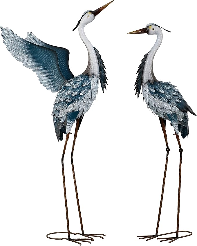TERESA'S COLLECTIONS Garden Decor Blue Heron Yard Art, 38-42" Large Metal Cranes Sculptures & Statues Decoy for Outdoor Indoor Decorations, Outside Patio, Pool, Lawn, Set of 2, Spring,Gift for Mom