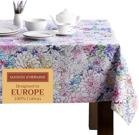 Maison d' Hermine Table Cloth Rectangle Table 100% Cotton 70 x 90 Inches Tablecloth Reusable Decorative for Dining Room, Farmhouse, Home, Party, Festive & Wedding Spring Summer - Floral Love