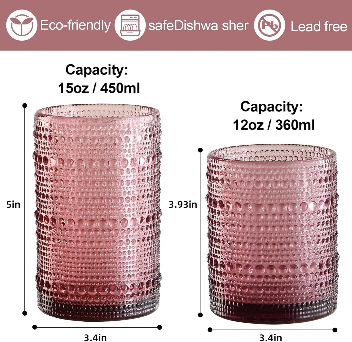 Vintage Hobnail Drinking Glasses Set of 8,Purple 12 oz & 15oz Highball Glass Cups, Kitchen Drinkware Glassware,Embossed Water Tumbler,for Beer,Cocktail,Whiskey,Juice and Various Mixed Drinks