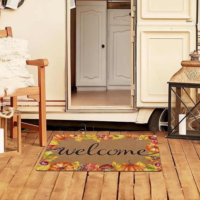 Fall Pumpkin Welcaome Door Mat, Fall Pumpkin Welcome Front Door Mat Indoor Outdoor Entrance, Seasonal Autumn Artificial Coir Doormats Rugs for Porch Entryway Decor 30x17in