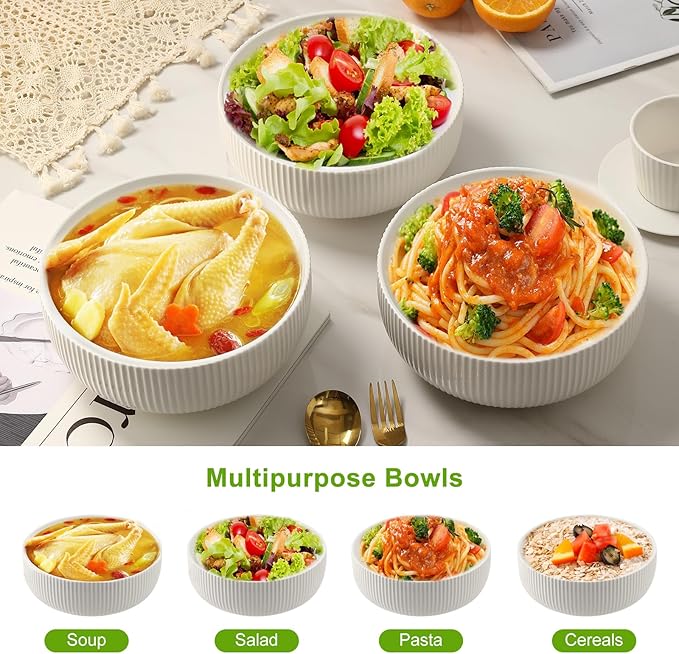 60oz Salad Bowl Set,2 Pack Serving Bowls for Entertaining,8inch Large White Ceramic Bowl for Side Dishes,Soup, Pho, Cereal, Pasta, Fruit, Microwave and Dishwasher Safe