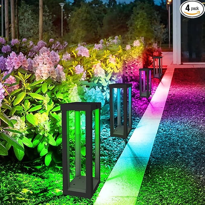 Ourdoor Floor Lamp,4 Pack Solar Powered Lamps RGB Color Changing LED Landscape Lighting Waterproof Street Lights for Patio,Porch, Yard,Garden,Deck (Black)