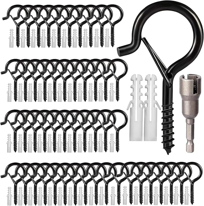 Hooks for Outdoor String Lights, 52 Pack Screw Hooks for Hanging Plants Led Party Lights Garage Wind Chimes, Black Heavy Duty Q Hanger Ceiling with Safety Buckle, Box and Wing Nut Driver