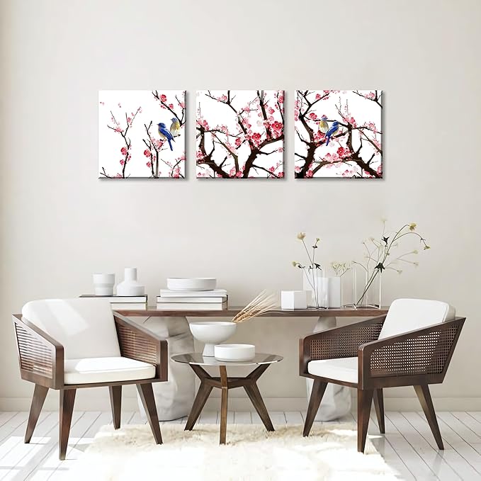 NAN Wind 3PCS Chinese Cherry Blossom Canvas Wall Art Pink Plum Flowers with Blue Birds Wall Decor Asian Oriental Style Artwork Spring Nature Home Decor Living Room Bedroom Decoration Ready to Hang