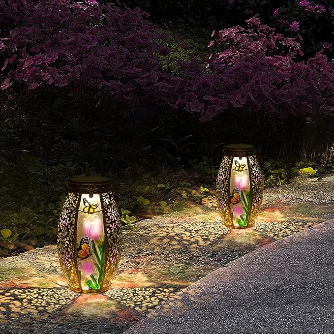 Solar Lanterns Outdoor Hanging Light - Solar Powered LED Butterfly Glass Lights Decorative Waterproof Tabletop Lampwith Hollowed-Out Design for Indoor Yard Table Patio Garden Pathway Holiday