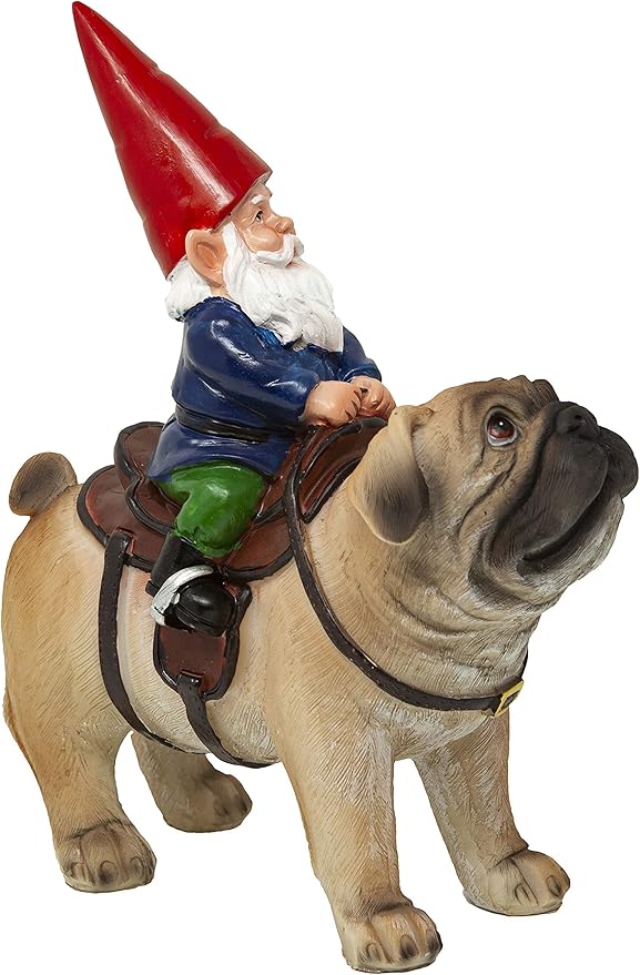 Funny Guy Mugs Garden Gnome Statue - Gnome Riding a Pug - Indoor/Outdoor Garden Gnome Sculpture for Patio, Yard or Lawn