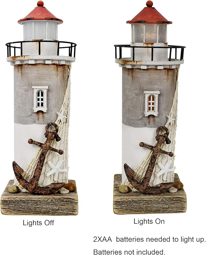 Wooden Lighthouse With Light - Rustic Nautical Ocean Sea Beach Themed Decoration, Handcrafted Tabletop Home and Bathroom Decor (11.4"H)