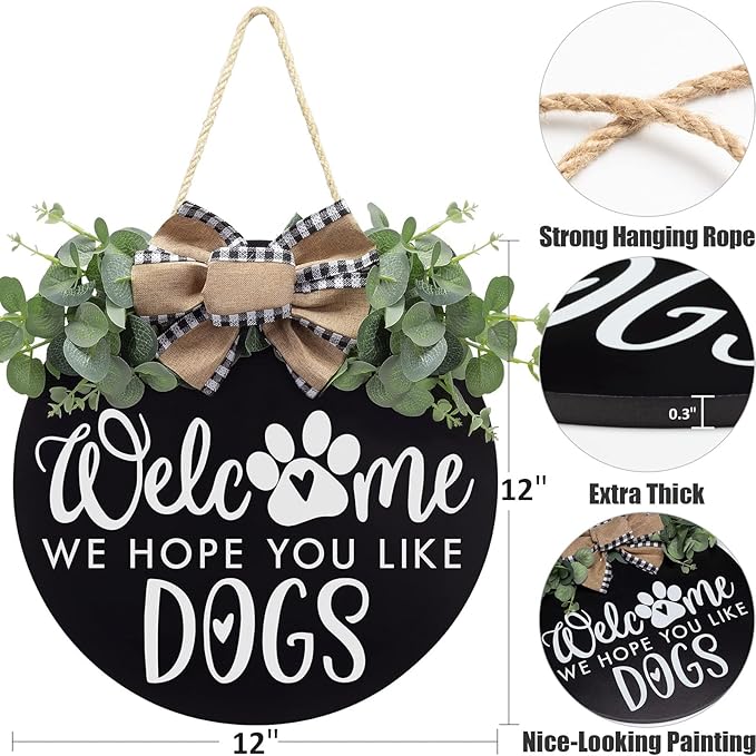 Welcome We Hope You Like Dogs Farmhouse Door Sign for Front Door Porch Decor with Eucalyptus Leaves & Buffalo Bow - Welcome Wreath Sign Hanging for Dogs Lovers Spring Summer Decor Housewarming Gift