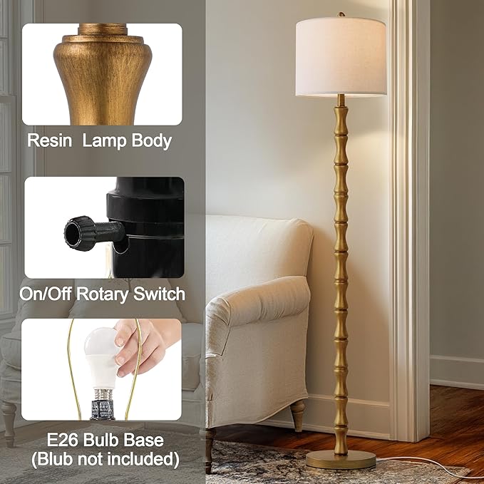BOBOMOMO 62" Rustic Floor Lamp, Retro Farmhouse Standing Lamp with Rotary Switch, Resin Antique Gold Floor Lamp for Living Room, Bedroom, Dining Room, Nursery, Elegant Home Décor
