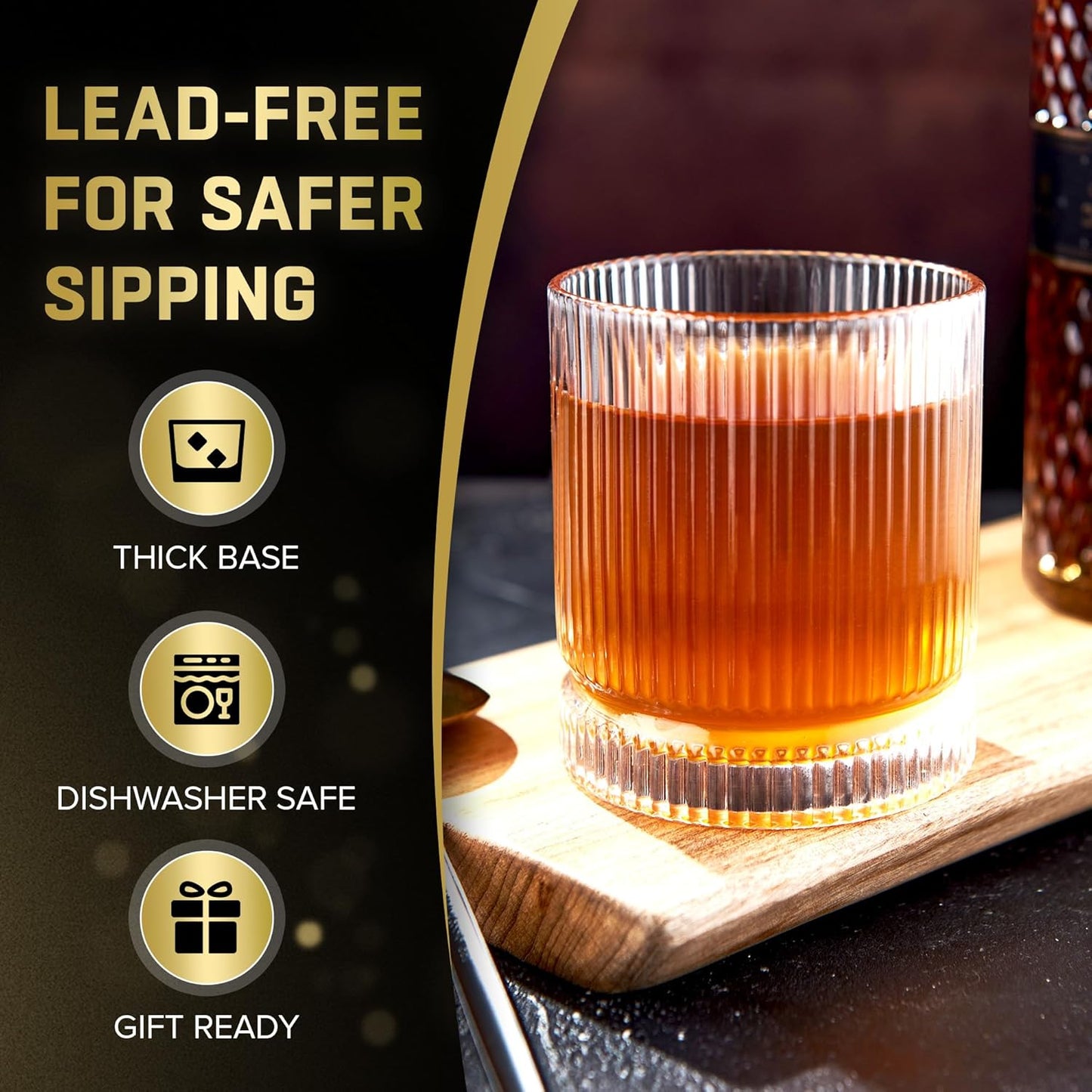 Ribbed Whiskey Glasses Set of 8, 12 Oz Lead-Free Crystal Heavy Base Barware Glass, Perfect for Bourbon Rocks Cocktail Scotch Drinking