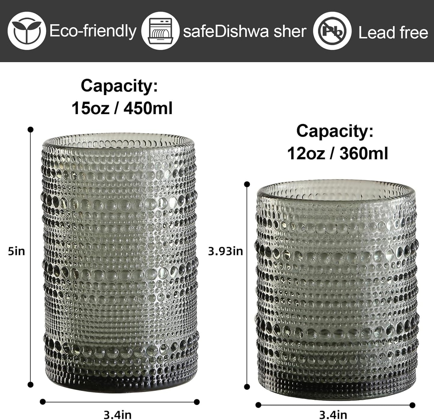 Vintage Hobnail Drinking Glasses Set of 8,Grey 12 oz & 15oz Highball Glass Cups, Kitchen Drinkware Glassware,Embossed Water Tumbler,for Beer,Cocktail,Whiskey,Juice and Various Mixed Drinks