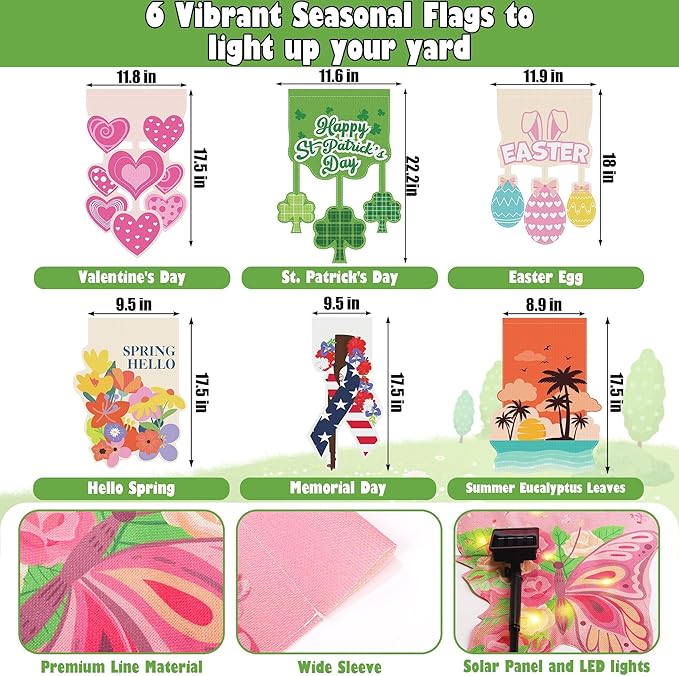 6 Set Seasonal Garden Flags 8 Modes Solar LED Double Sided 12 x 18 Inch Small Yard Flag Outdoor Lighted Spring Summer Easter Memorial St. Patrick's Day Valentine Garden Decor for All Seasons