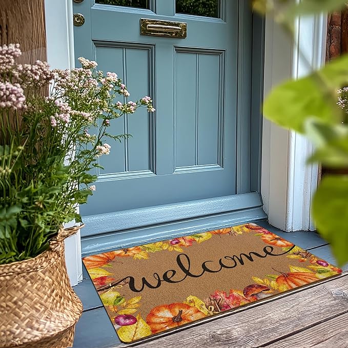 Fall Pumpkin Welcaome Door Mat, Fall Pumpkin Welcome Front Door Mat Indoor Outdoor Entrance, Seasonal Autumn Artificial Coir Doormats Rugs for Porch Entryway Decor 30x17in