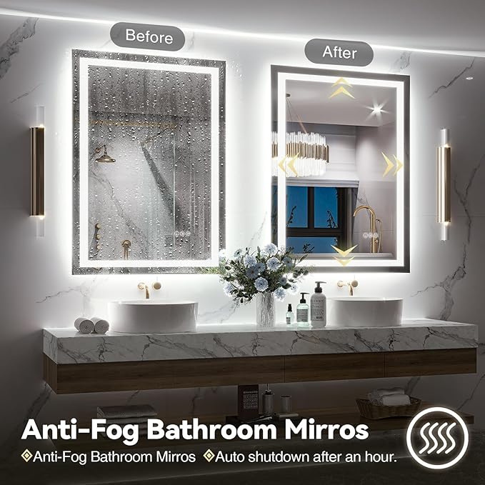 Brightify LED Mirror for Bathroom, 48"x36" Bathroom Mirrors for Over Sink-Front&Backlit, 3 Colors Dimmable, Anti-Fog Wall Mounted, Vanity Mirror with Lights, Shatter-Proof, Memory(Horizontal/Vertical)