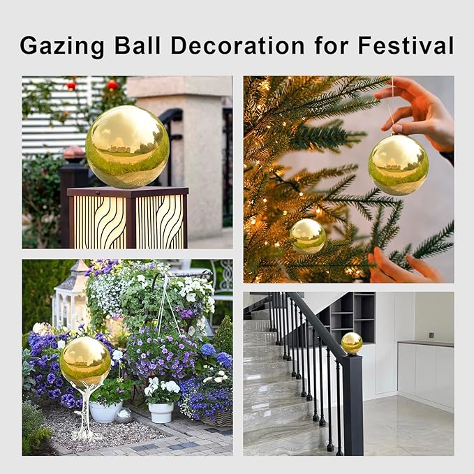 Nerien Gazing Ball, 3.9" Stainless Steel Garden Mirror Globe, Polished Ornament Sphere, Hollow Floating Reflective Hemisphere, Home Outdoor Pond Housewarming Swimming Pool Decoration, Gold, 2pcs