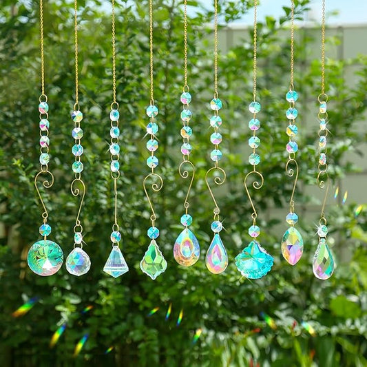 9 Pieces Sun Catchers Indoor Window Crystals Suncatchers for Windows Hanging Ornaments with Chain Colorful Prisms Rainbows Makers Pendants for Home Outdoor Garden Decoration
