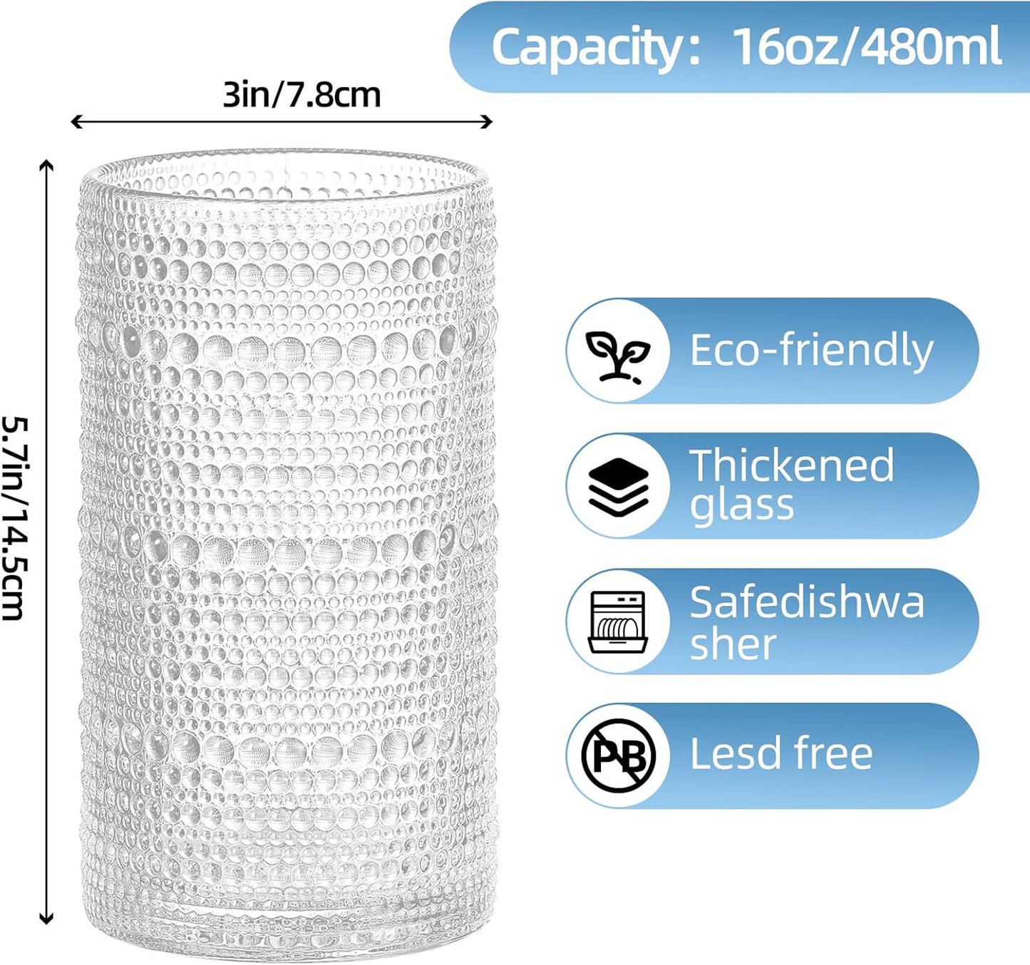 16oz Hobnail Drinking Glasses Set of 12, Vintage Large Capacity Embossed Clear Tumblers, Highball Glasses for Water, Cocktail, Beer, Whiskey, Juice & Bar Use