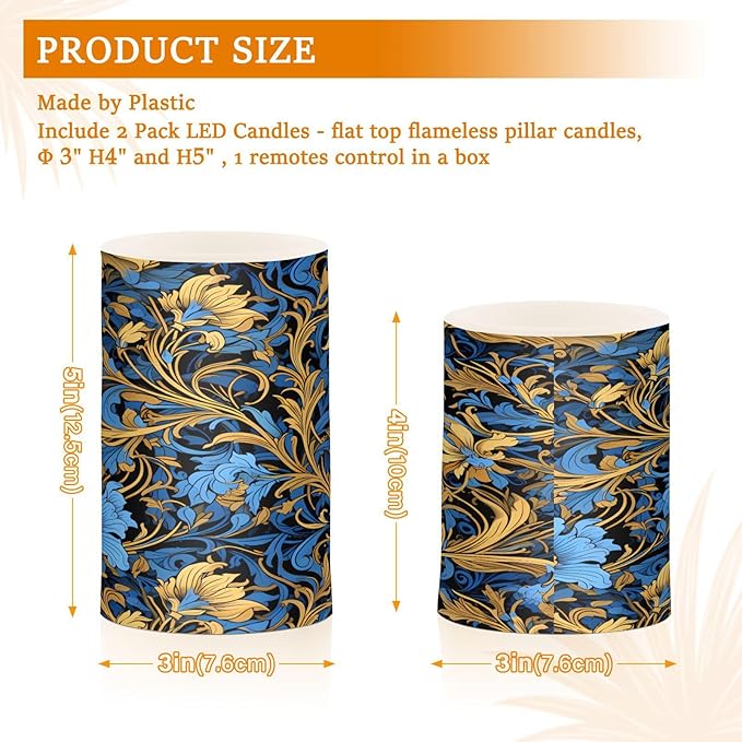 ALAZA Gold Navy Blue Floral01 Flickering Flameless Candles Battery Operated with Remote Timer,Tea Light Candles LED Pillar Votive Candles Set of 2 for Outdoor Indoor Decorations