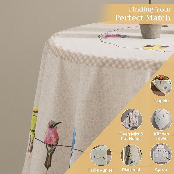 Maison d' Hermine Table Cloth Round Table 100% Cotton 69 Inches Tablecloth Reusable Decorative Everyday Use for Dining Room, Farmhouse, Home, Party, Festive & Wedding Spring Summer - Birdies On Wire